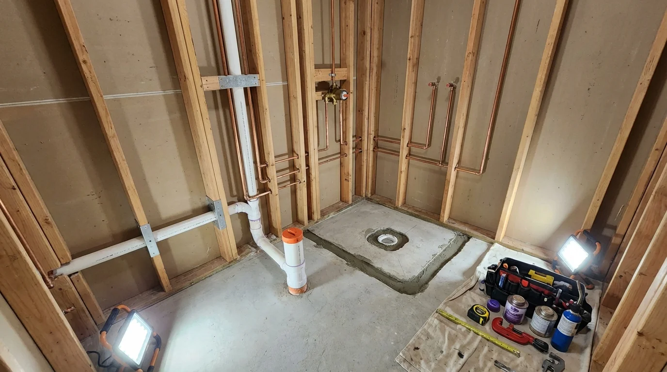Bathroom rough-in plumbing during remodel by Johns Plumbing LLC in Jonesborough