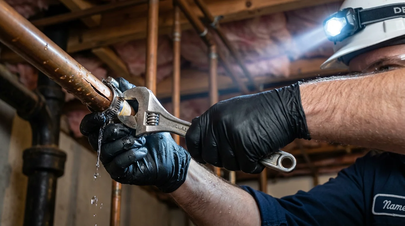 Emergency pipe clamp repair being performed by a Johns Plumbing LLC plumber in Jonesborough