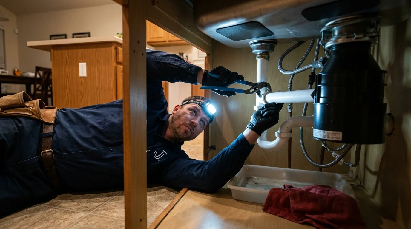 P-trap and supply line connections under a kitchen sink showing a common leak point in Jonesborough, TN